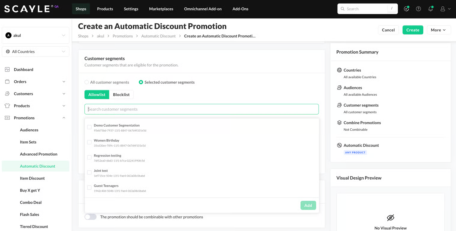 Customer segment selector inside a promotion creating page